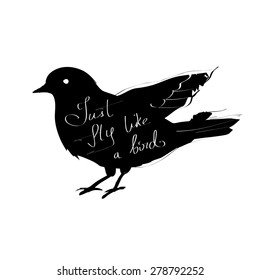 Hand drawn poster with flying bird. Vector illustration. Fly like a bird