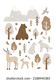 Hand drawn poster with forest animals: bear, deer and wolf. Cute childish illustration with woodland animals and plants for nursery design, baby apparel and prints. Colored vector art
