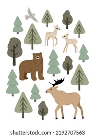 Hand drawn poster with forest animals: bear, deer and moose. Charming childish illustration with woodland animals and plants for nursery design, baby apparel and prints. Colored vector art