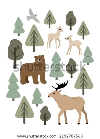 Hand drawn poster with forest animals: bear, deer and moose. Charming childish illustration with woodland animals and plants for nursery design, baby apparel and prints. Colored vector art