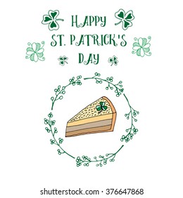 Hand drawn poster with Happy St. Patrick's day decorated with piece of case in round frame made of berries and clover. Vector stock illustration.