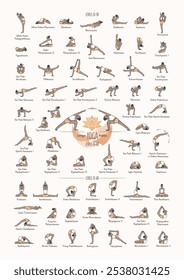 Hand drawn poster of hatha yoga poses and their names, Iyengar yoga asanas difficulty levels 16-60