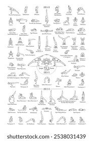 Hand drawn poster of hatha yoga poses and their names, Iyengar yoga asanas difficulty levels 6-15	