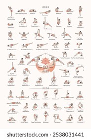 Hand drawn poster of hatha yoga poses and their names, Iyengar yoga asanas difficulty levels 16-60