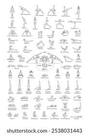 Hand drawn poster of hatha yoga poses and their names, Iyengar yoga asanas difficulty levels 1-5