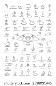 Hand drawn poster of hatha yoga poses and their names, Iyengar yoga asanas difficulty levels 16-60