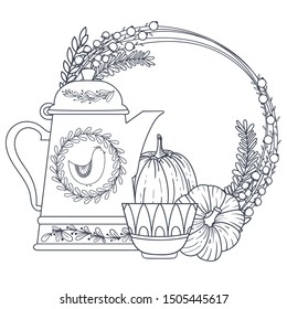 Hand drawn poster with isolated tea pot, cup and pumpkin with harb wreath. Ink style illustration. It can be used as print on t-shirt, bag, wall, card, poster, banner, stamp, template