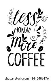 Hand drawn poster with lettering and and coffee quote. Vector illustration for greetings cards, home decor, posters