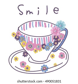 Hand drawn poster with lettering and cup on retro background. This illustration can be used as a print on t shirts and bags, stationary or as a poster.
