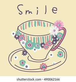 Hand drawn poster with lettering and cup on retro background. This illustration can be used as a print on t shirts and bags, stationary or as a poster.