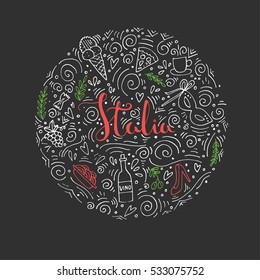 Hand drawn poster with lettering with different italian symbol. Perfect for travel company or agency. Made in vector. 
