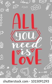 Hand drawn poster with love elements. Brush calligraphy. Happe Valentines Day. Vector illustration.