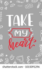 Hand drawn poster with love elements. Brush calligraphy. Happe Valentines Day. Vector illustration.