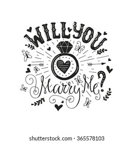 Hand drawn poster Marry Me with engagement ring, hearts and swirls. Engagement party invitation. Love lettering with engagement ring. Romantic hand drawn lettering. Vector art. Valentine card.
