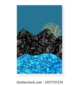 Hand drawn poster with minimalist landscape design. Seascape with mountains and  sea. Modern design with art texture.