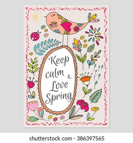 Hand drawn poster with motivation quotes Keep calm and Love Spring. Hand-sketched cards.