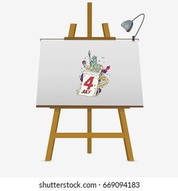 Hand drawn poster on easel. Fourth of July Independence Day. Vector illustration.