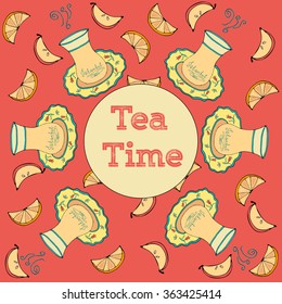 Hand drawn poster with round template TEA TIME, Turkish tea set with turkish cup with turkish tulip decorated with orange slice and apple. Vector illustration. Tea culture. east tea ceremony.
