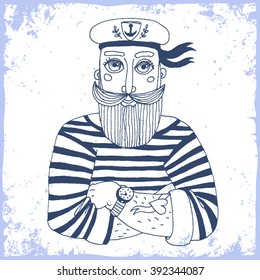 Hand drawn poster. Sailor with a beard.Typography art with grunge texture. Print for T-shirt/bags design, home decor element and other product.