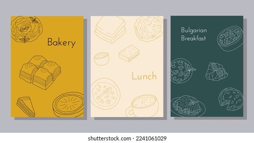 Hand drawn poster set with Bulgarian food. Design sketch element for poster, banner, flyer, menu cafe, bistro, restaurant, bakery and packaging.  Vector illustration.