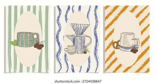 Hand drawn poster set with coffee and tea cups for cozy tea party and coffee time in sketch style