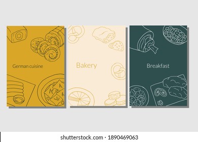 Hand drawn poster set with German cuisine dish. Design sketch element for menu cafe, bistro, restaurant, bakery and packaging.  Vector illustration.