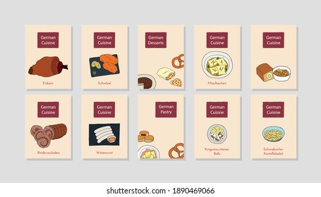 Hand drawn poster set with German cuisine dish. Design sketch element for menu cafe, bistro, restaurant, bakery and packaging.  Vector illustration.