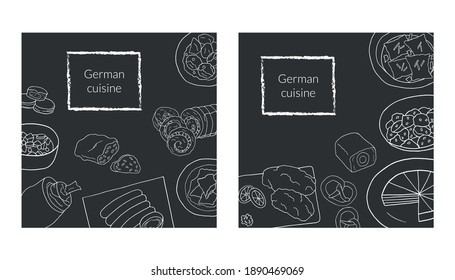 Hand drawn poster set with German cuisine dish. Design sketch element for menu cafe, bistro, restaurant, bakery and packaging.  Vector illustration.