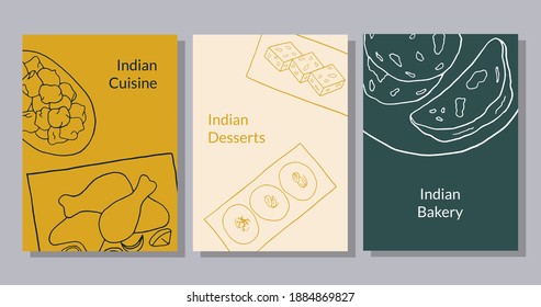 Handgezeichnetes Plakatset mit Pakora, Hühnertandoori, Sesambarfi, Sandesh, Naan. Design-Sketch-Element für Menü-Café, Bistro, Restaurant, Bäckerei und Verpackung.  Vektorgrafik.