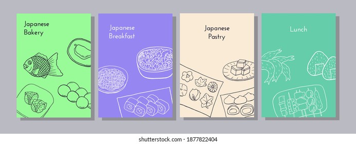 Hand drawn poster set with yakitori, tempura, sushi, onigiri, nabe, soba, taiyaki, yokan, mocha, namagashi, dango. Design sketch element for menu cafe, bistro, restaurant.  Vector illustration.