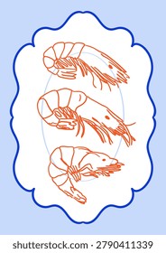 Hand drawn poster of shrimps on a decorative plate. Vector line illustration and frame in vintage sketch style