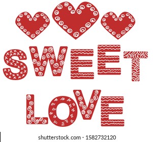 Hand drawn poster SWEET LOVE, heart. Scandinavian minimalistic design for print, typography, textie