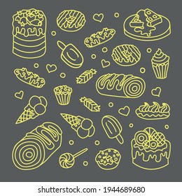 Hand drawn poster 'sweets'. Sweets, desserts, cakes etc. Doodle. Vector illustration. EPS 10