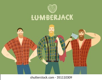 Hand drawn poster of three cartoon fashionable  lumber-sexual men on green background. Fashion lumberjack illustration for your design.