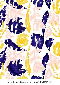 Hand drawn poster in tropical style. Pink, blue, yellow and white.Birthday, anniversary, Valentin’s day, party invitations, wedding, covers.