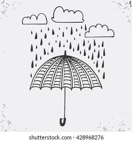 Hand drawn poster with umbrella, clouds and raindrops, black silhouette on white background. Vector illustration Used for greeting cards, posters and print invitations.