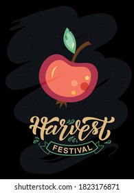 Hand drawn poster vector illustration with color lettering on textured background Harvest Festival for festival booklet, brochure, picnic, invitation, celebration, advertising, event, banner, template