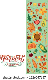 Hand drawn poster vector illustration with color lettering on textured background Harvest Festival for festival booklet, brochure, picnic, invitation, celebration, advertising, event, banner, template