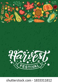 Hand drawn poster vector illustration with white lettering on textured background Harvest Festival for festival booklet, brochure, picnic, invitation, celebration, advertising, event, banner, template