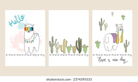 Hand drawn posters with cartoon cute llama and cacti.
