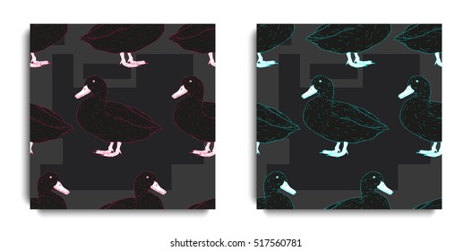 Hand drawn posters design. Backgrounds with hand drawn ducks. Set of hand drawn seamless patterns