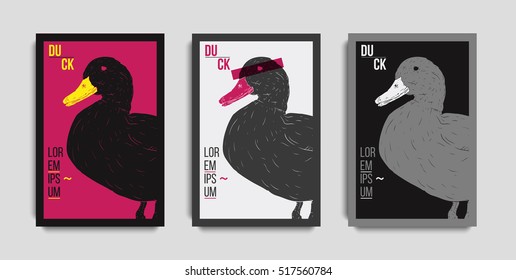 Hand drawn posters design. Backgrounds with hand drawn ducks. Templates for business card, poster, flyer, cover, voucher