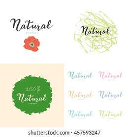 Hand drawn posters and logo with eco quote. Modern calligraphy - 100 percent Natural product. Handwritten lettering and textured green circle. Vector illustration. Use for ecology nature design.