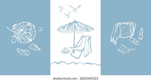 Hand drawn posters with sea beach theme elements