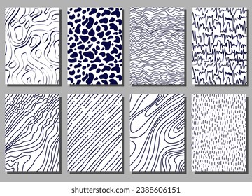 Hand drawn posters set of ink grunge texture. Doodle shapes. Linear hatching, crosshatchin, stippling, scumbling and others. Vector illustration.