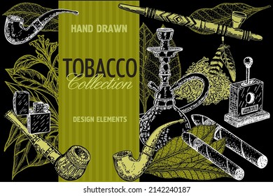 Hand drawn posters with tobacco and smoking set. Cigars in sketch style. Vector illustration with pipes, guillotines, leaves of tobacco. Smoking set. Cigars, hookah, tobacco leaves, pipes, hookah 