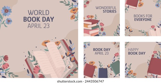 Hand drawn posts collection for world book day celebration. Vector illustration