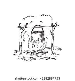 Hand drawn Pot on fire. Sketch Hike and camping hand drawn illustration. Cooking.