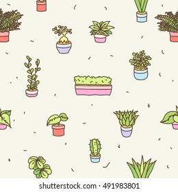 Hand drawn pot plants vector set patterns seamless