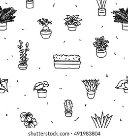 Hand drawn pot plants vector set isolated patterns seamless